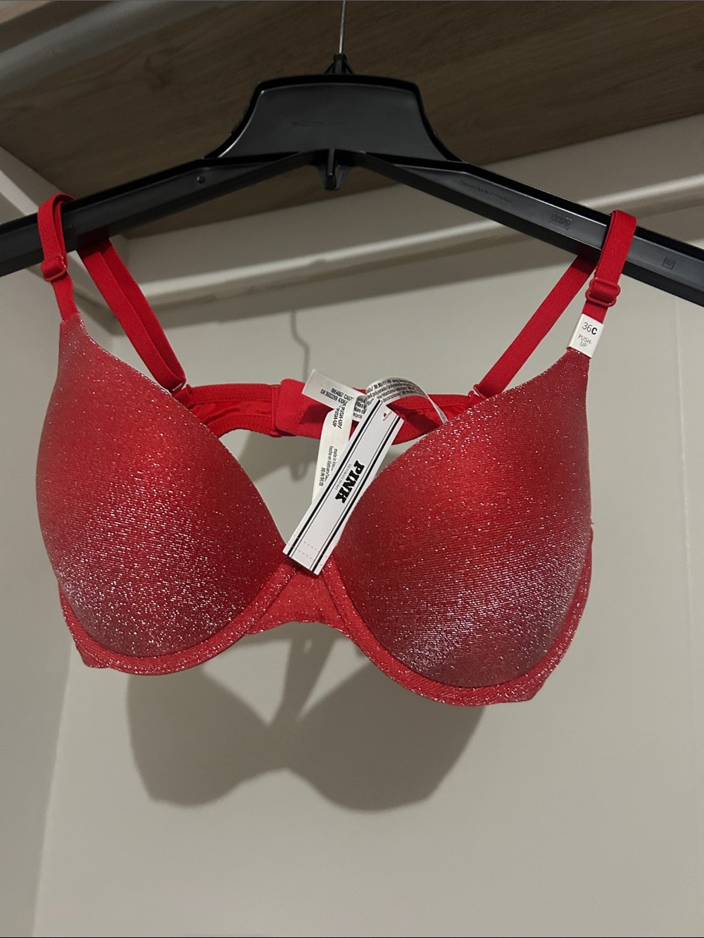PINK Victoria's Secret Red Glitter Push-Up Bra